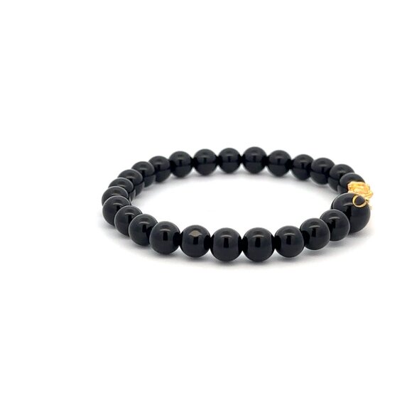 18K Gold Pixiu Piyao Bracelet Gemstones Onyx 6mm Elastic Bracelet Letter O - Picture 5 of 6